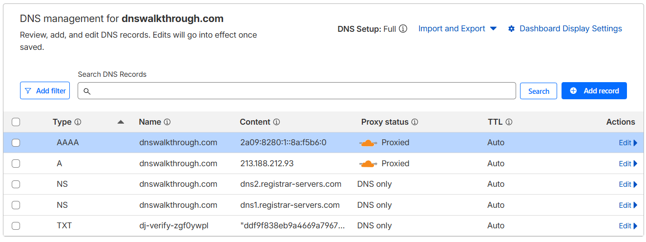 Cloudflare DNS showing orange Proxied status
